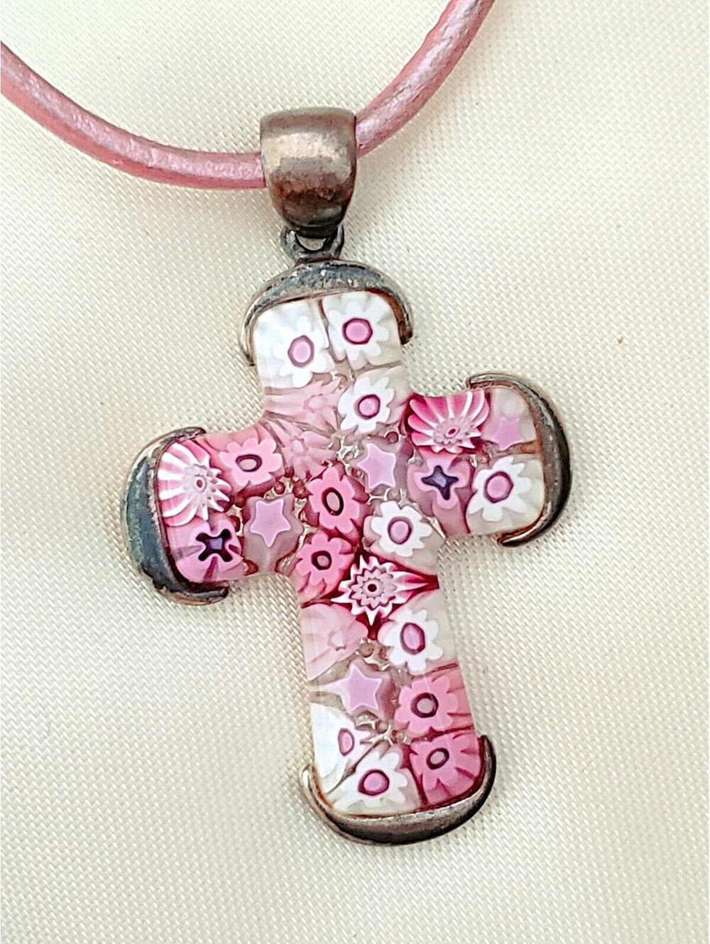 Alan K Sterling Silver Pink Millefiori Cross Pendant Necklace